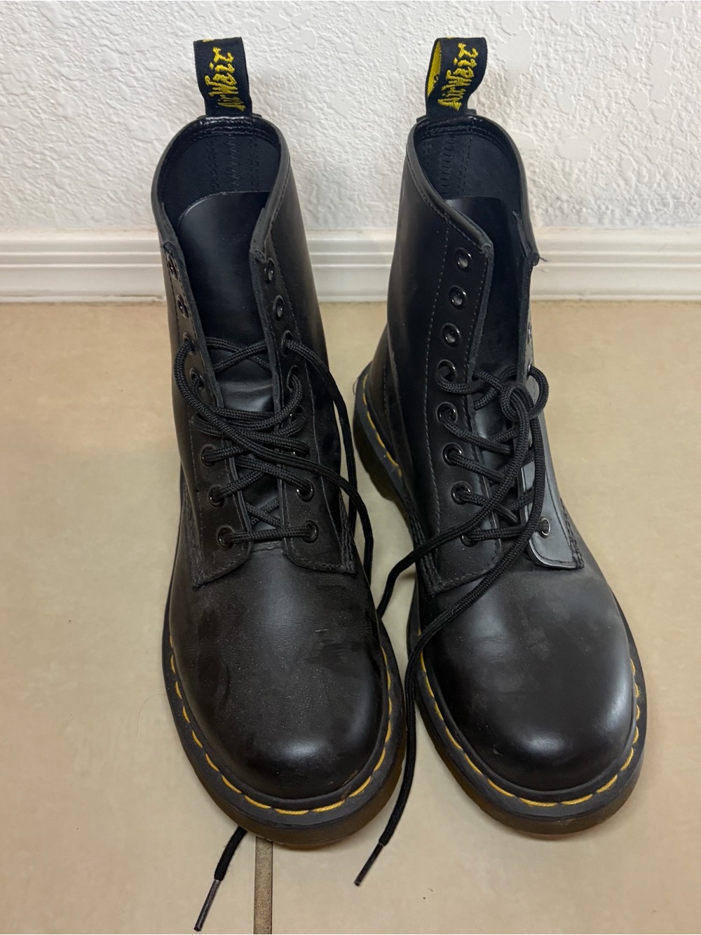 Dr. Martens Black Leather 8-Eye Lace-Up Boots with Yellow Stitching